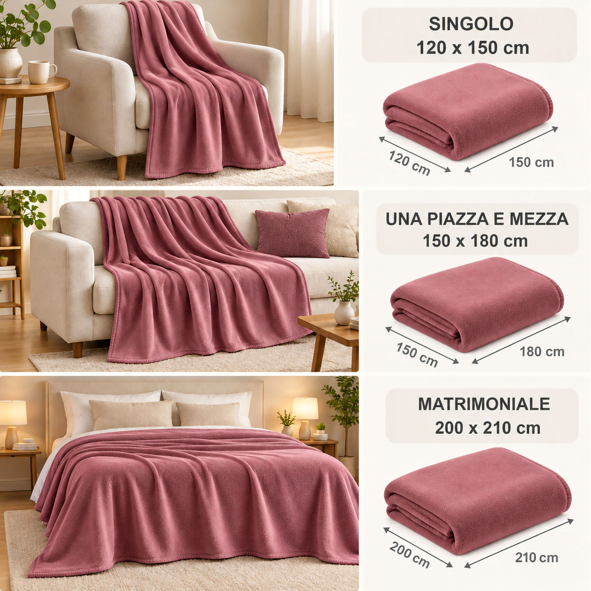 Coperta Plaid in Pile Tinta Unita 250g/m² per divano letto in varie misure 7182