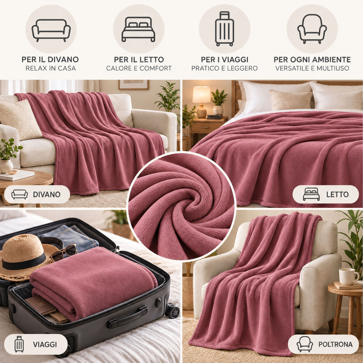 Coperta Plaid in Pile Tinta Unita 250g/m² per divano letto in varie misure 7182