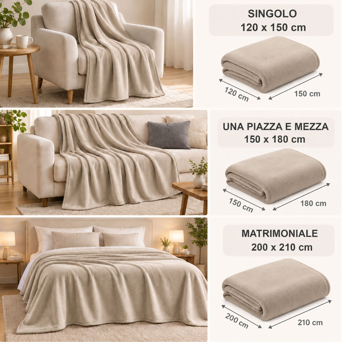 Coperta Plaid in Pile Tinta Unita 250g/m² per divano letto in varie misure 7182