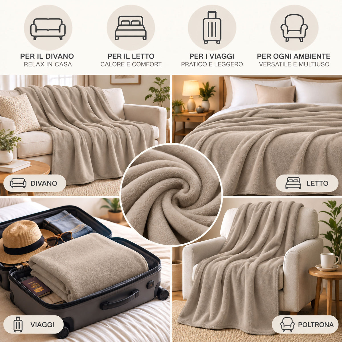 Coperta Plaid in Pile Tinta Unita 250g/m² per divano letto in varie misure 7182