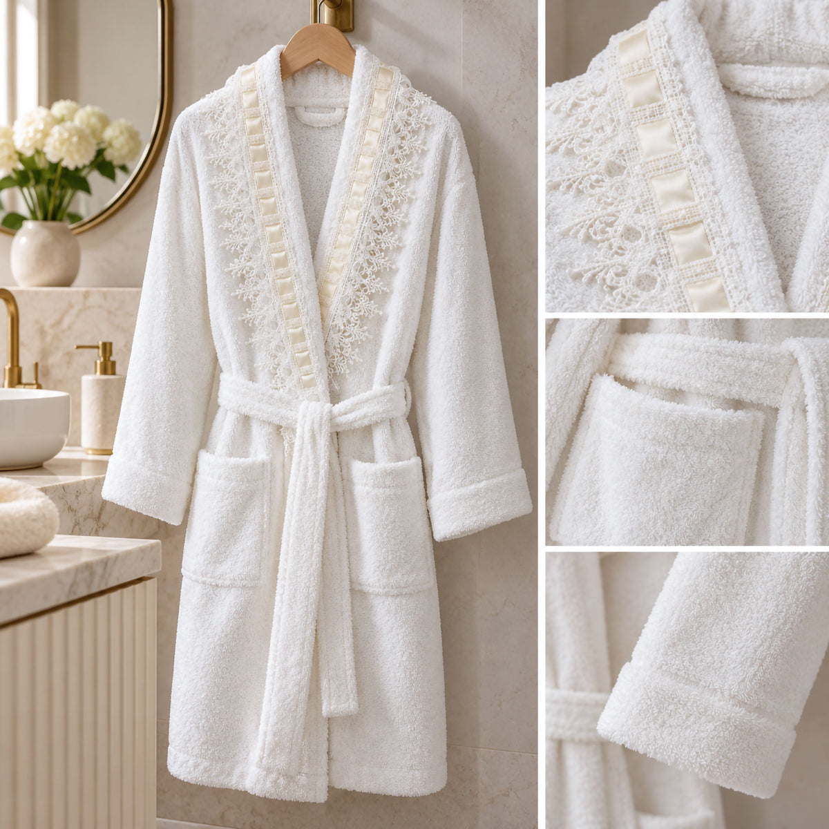 Completo Bagno Stefania 4pz Accappatoio e Asciugamani in Cotone con Pizzo 7183