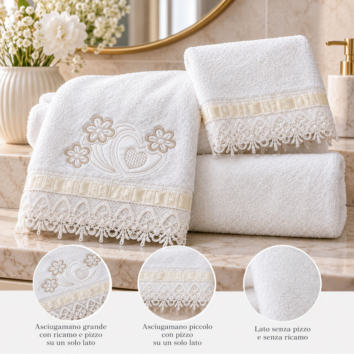 Completo Bagno Stefania 4pz Accappatoio e Asciugamani in Cotone con Pizzo 7183