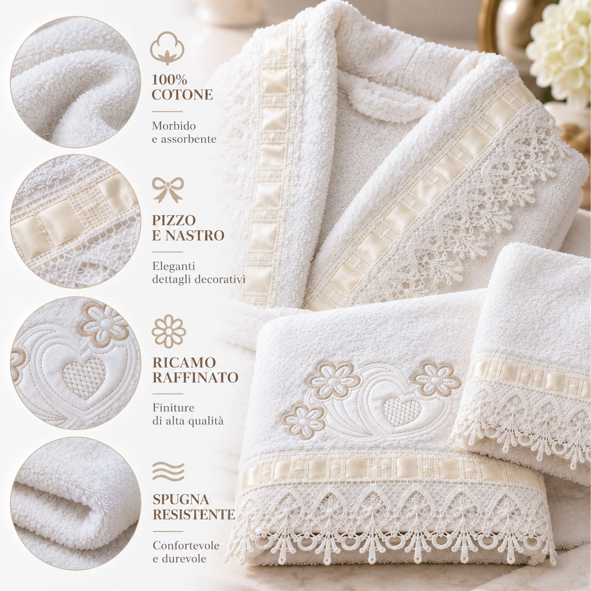 Completo Bagno Stefania 4pz Accappatoio e Asciugamani in Cotone con Pizzo 7183