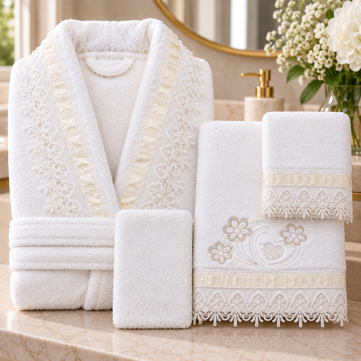 Completo Bagno Stefania 4pz Accappatoio e Asciugamani in Cotone con Pizzo 7183