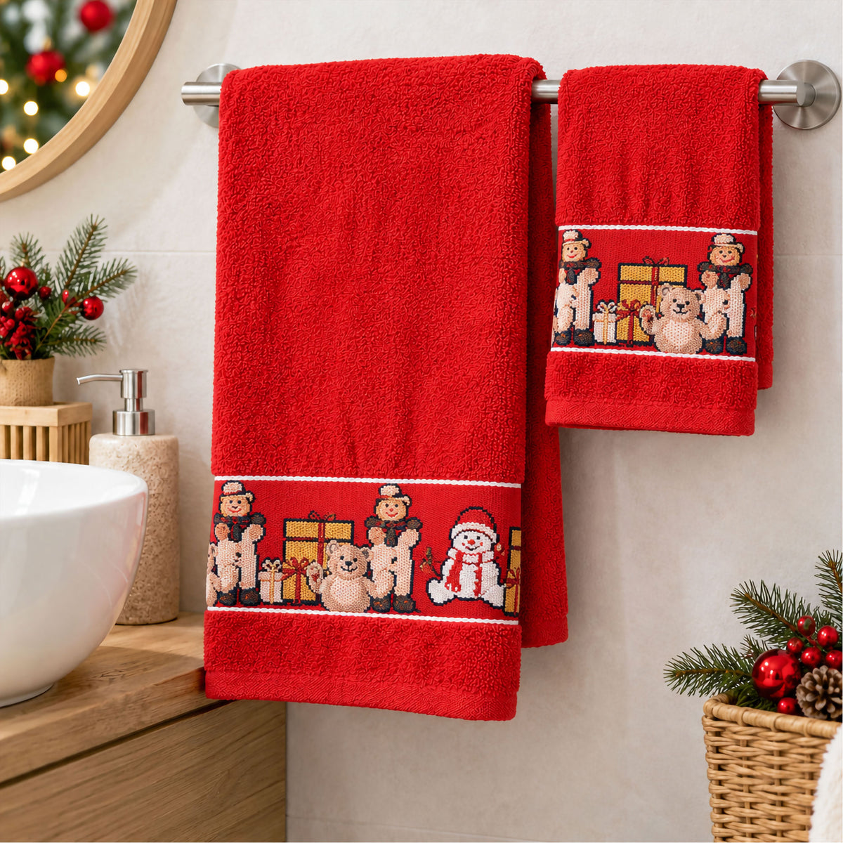 Set Asciugamani Natalizi 1+1 Viso e Ospite in Spugna Cotone Decoro Natale 7184
