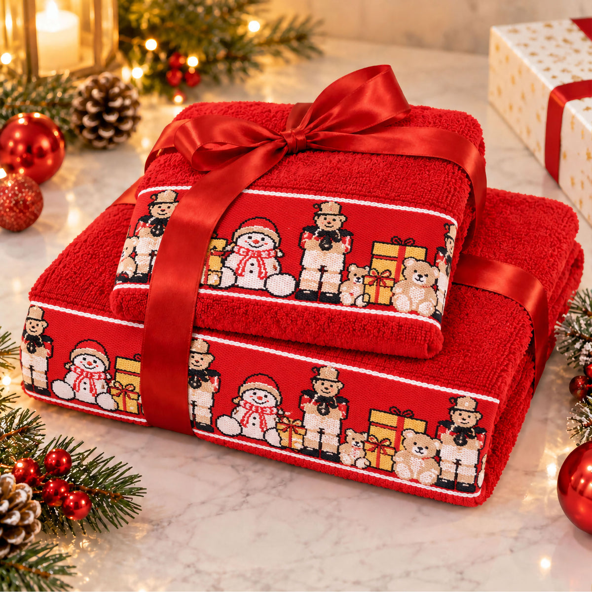 Set Asciugamani Natalizi 1+1 Viso e Ospite in Spugna Cotone Decoro Natale 7184