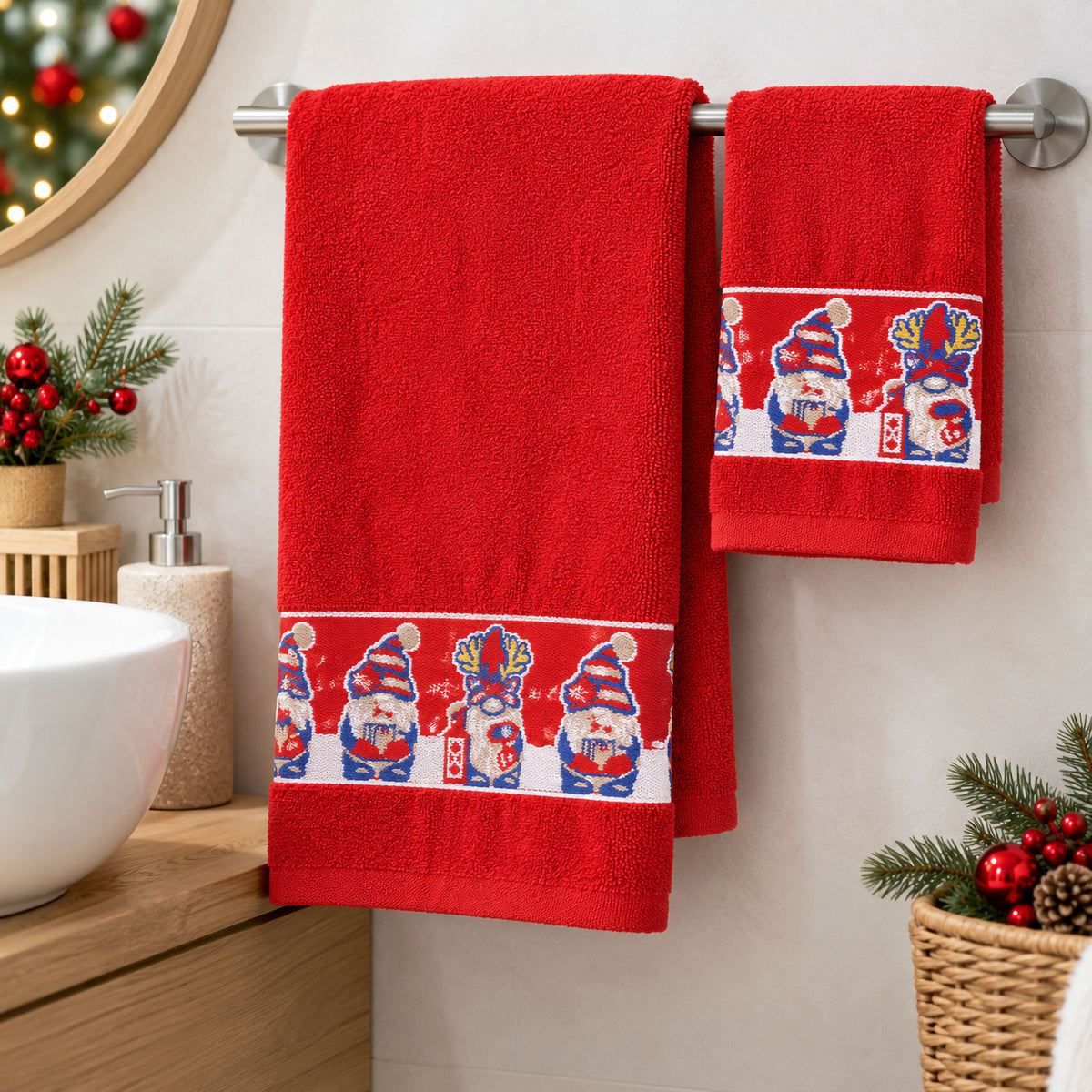 Set Asciugamani Natalizi 1+1 Viso e Ospite in Spugna Cotone Decoro Natale 7184