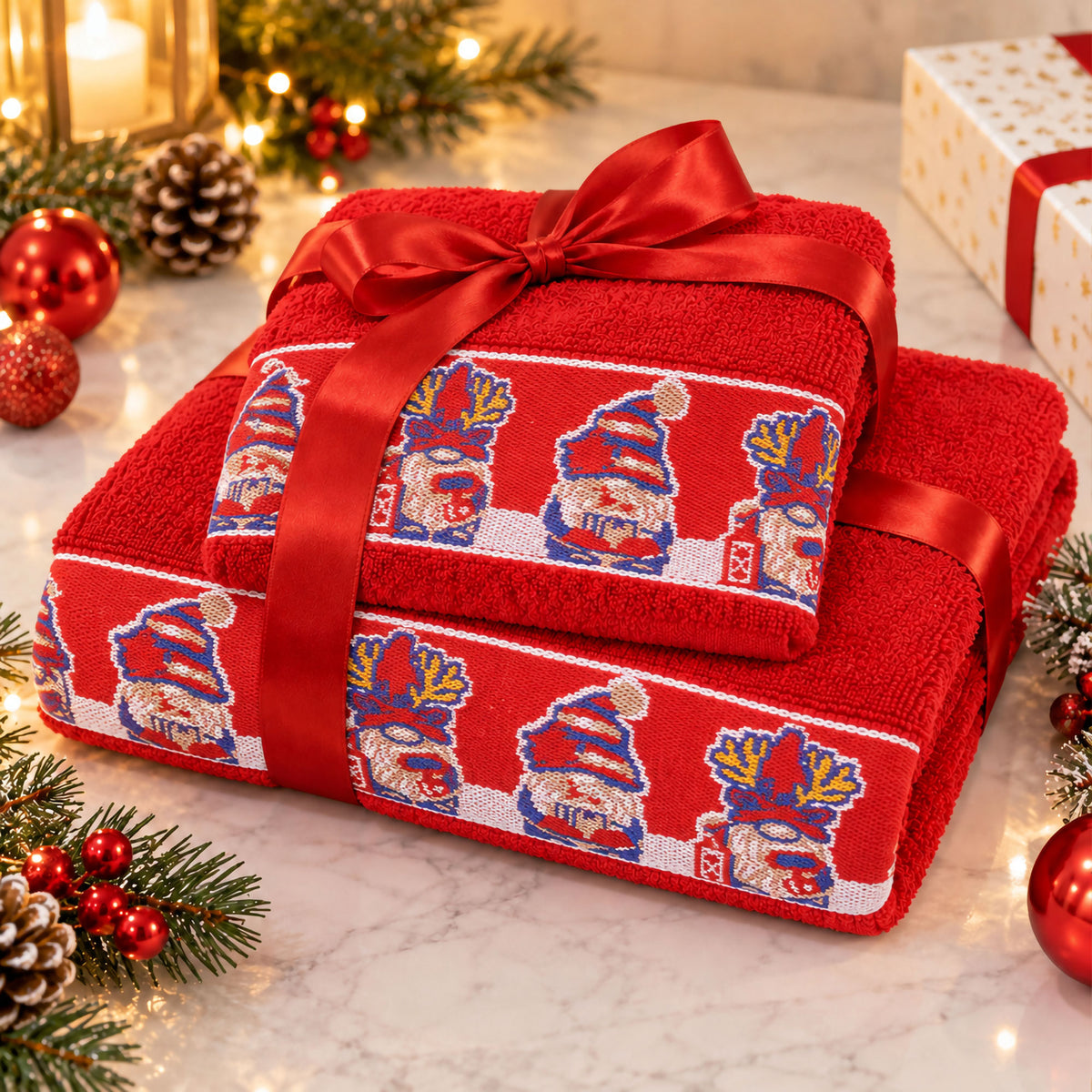 Set Asciugamani Natalizi 1+1 Viso e Ospite in Spugna Cotone Decoro Natale 7184