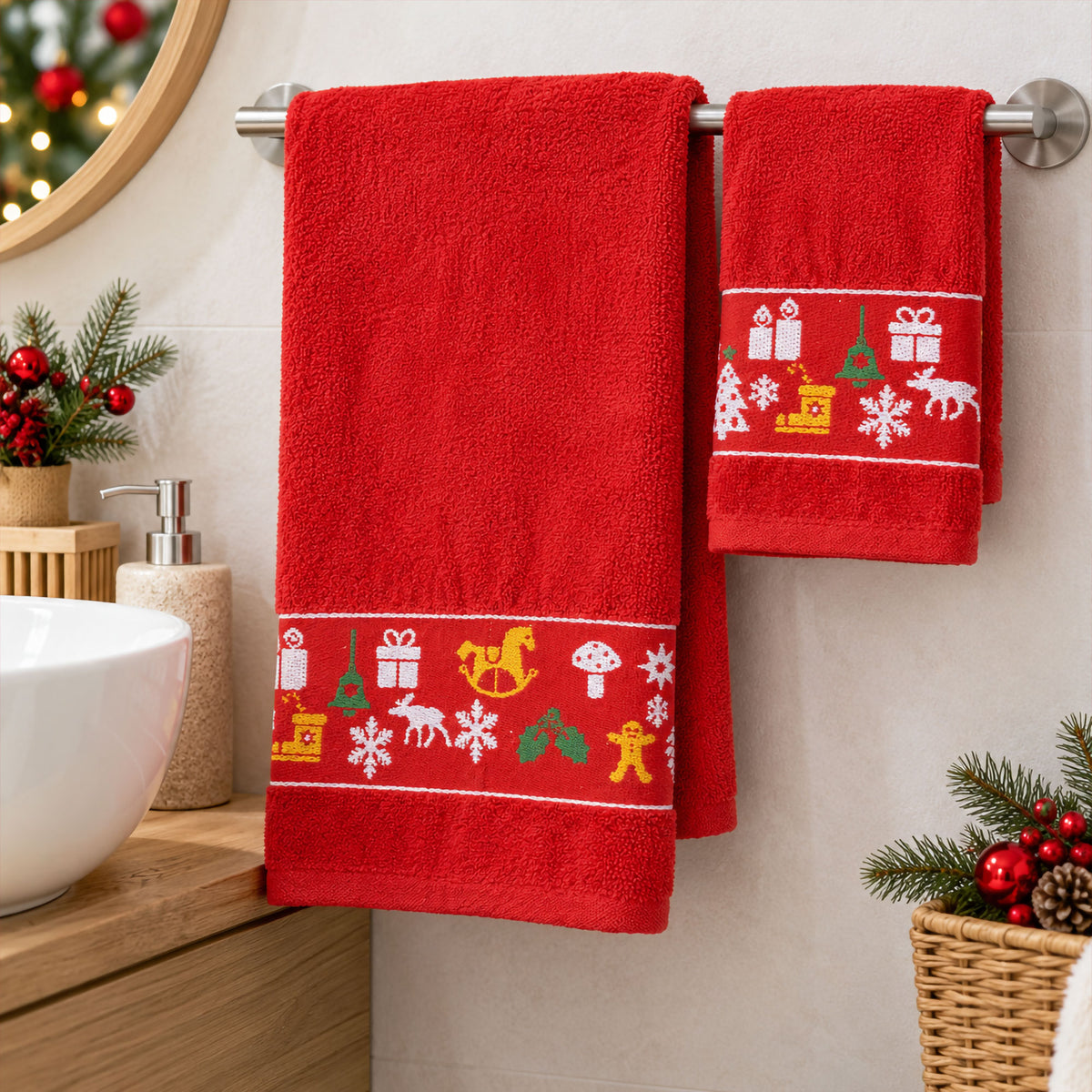 Set Asciugamani Natalizi 1+1 Viso e Ospite in Spugna Cotone Decoro Natale 7184