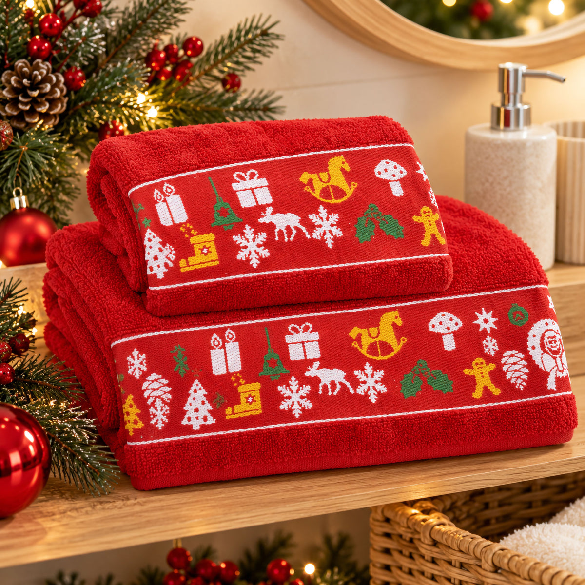 Set Asciugamani Natalizi 1+1 Viso e Ospite in Spugna Cotone Decoro Natale 7184