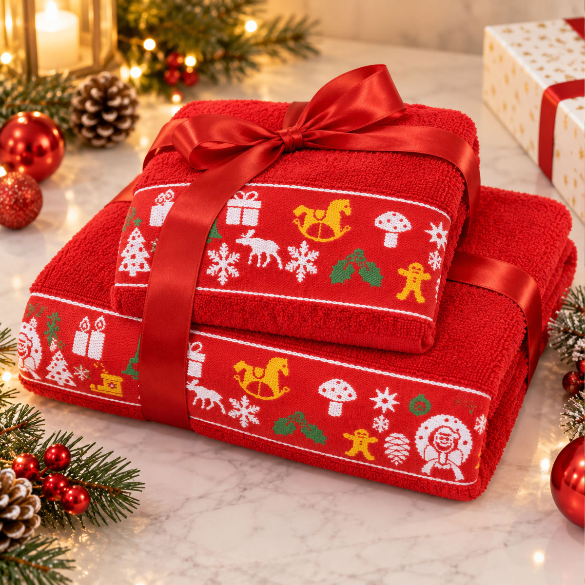 Set Asciugamani Natalizi 1+1 Viso e Ospite in Spugna Cotone Decoro Natale 7184